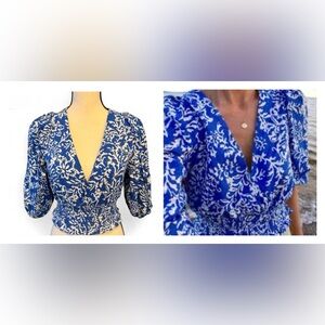 Zara Blue and White Eyelet Floral Blouse with Puff Sleeves